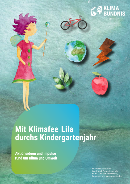 Cover der Broschüre Mit Klimafee Lila durchs Kindergartenjahr. Bild in Aquarell mit der Figur der Klimafee Lila