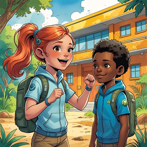 Graphik von zwei Kindern die motiviert vor Schulgebäude stehen