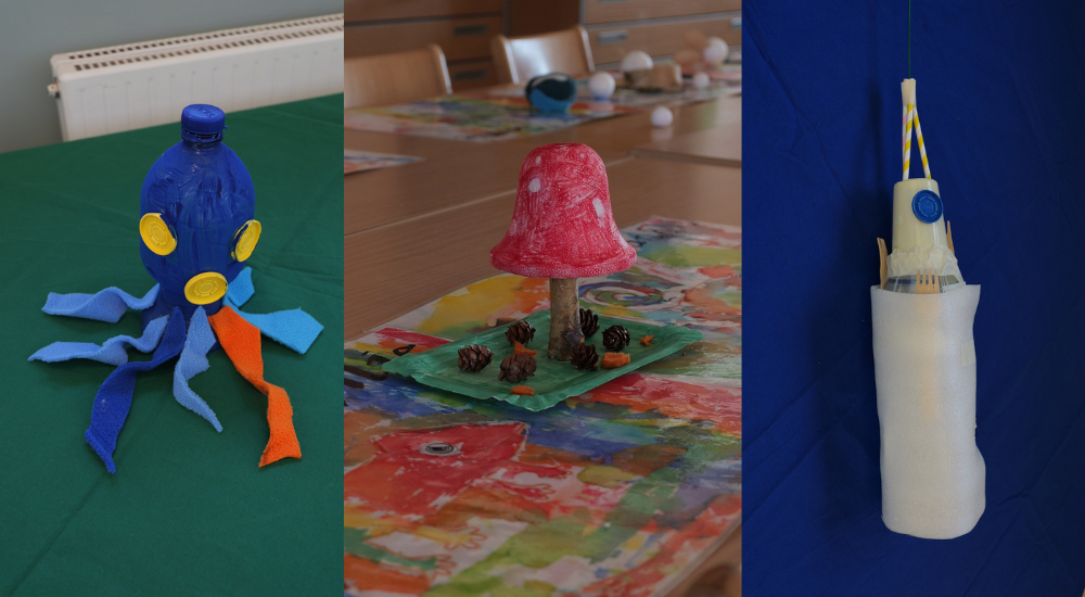 Gebastelten Objekte aus Müll des Medienprojekts