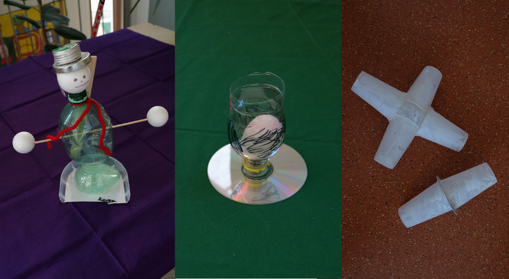 Gebastelten Objekte aus Müll des Medienprojekts