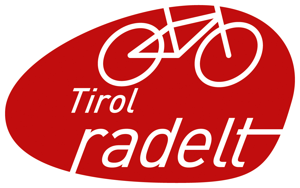 Tirol radelt Schriftzug und Fahrrad Graphik auf rotem Hintergrund